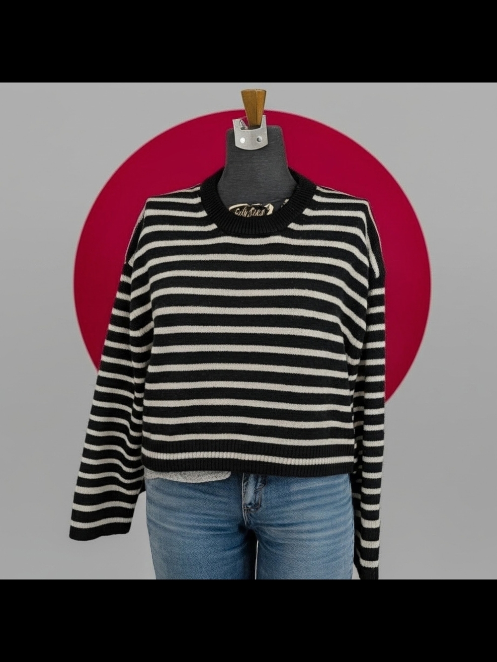 H&M Black and White Striped Crewneck Cropped Relaxed Sweater Size L